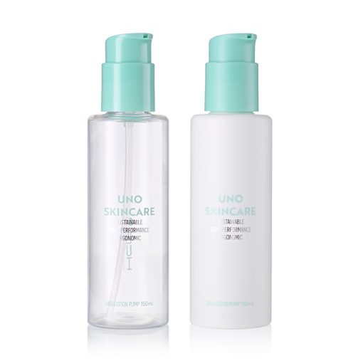 Mono-material sustainable skincare packaging manufactured by HCP. Atmospheric/dip-tube/lotion pump