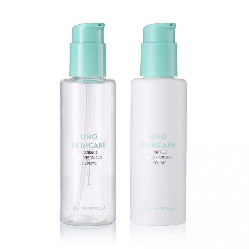 Mono-material sustainable skincare packaging manufactured by HCP. Atmospheric/dip-tube/lotion pump